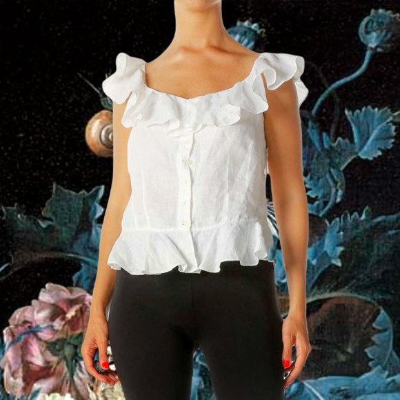 Lauren Ralph Lauren Tops - Lauren Ralph Lauren White 100% Linen Top Ruffles Button Front Peplum Chemise L